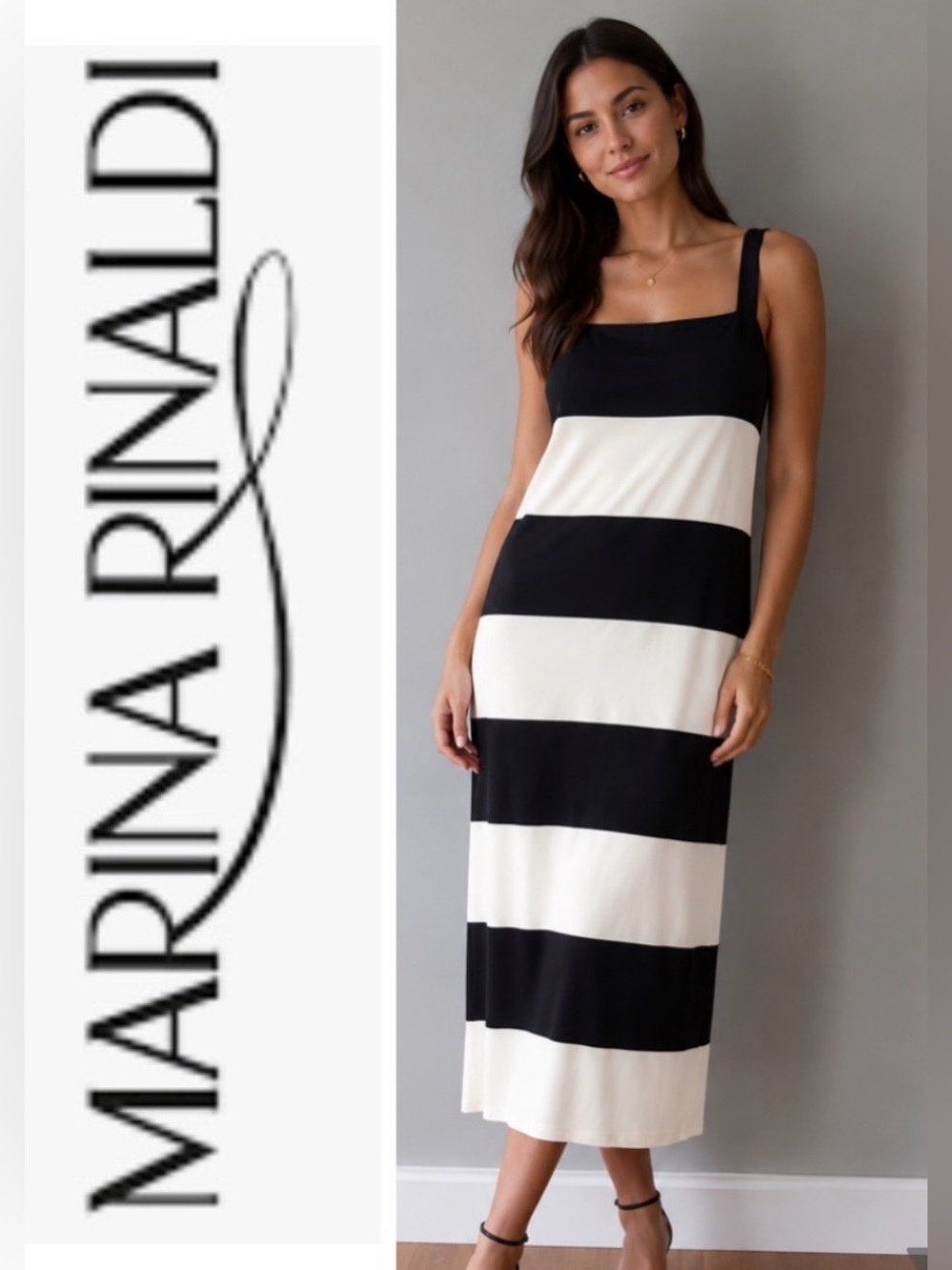 Marina Rinaldi NWOT Black White Striped Maxi Dress IT 25 US 14–16 Quiet Luxury